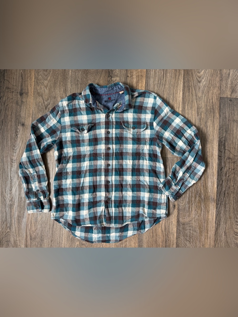 WOOLRICH Women’s M Blue Brown White Plaid Flannel Cotton Button-Up Pockets
